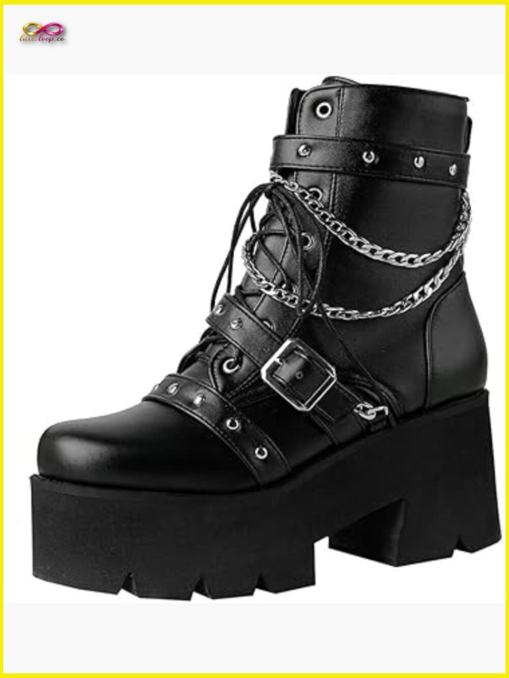 Womens Goth Chunky Platform Ankle Boots Lace Up High Heel Motorcycle Boots Chain